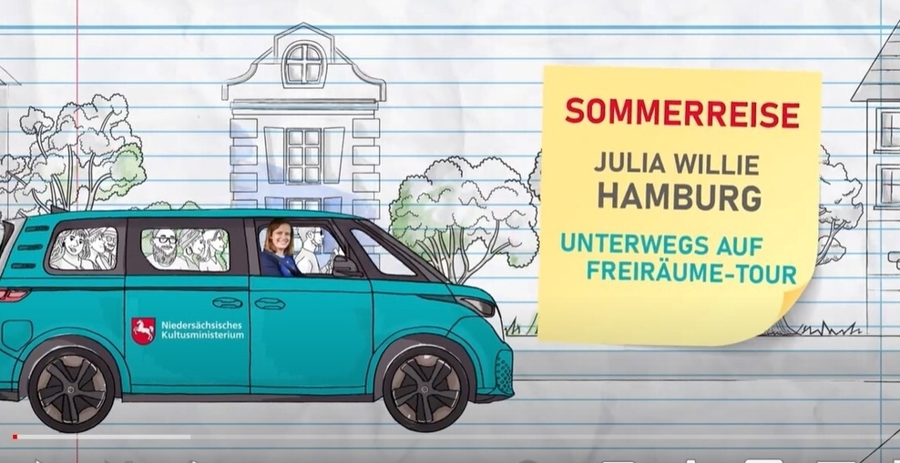 Screen-Bild eines Videos zur Sommerreise der Kultusministerin animiert mit einem Bus und Text